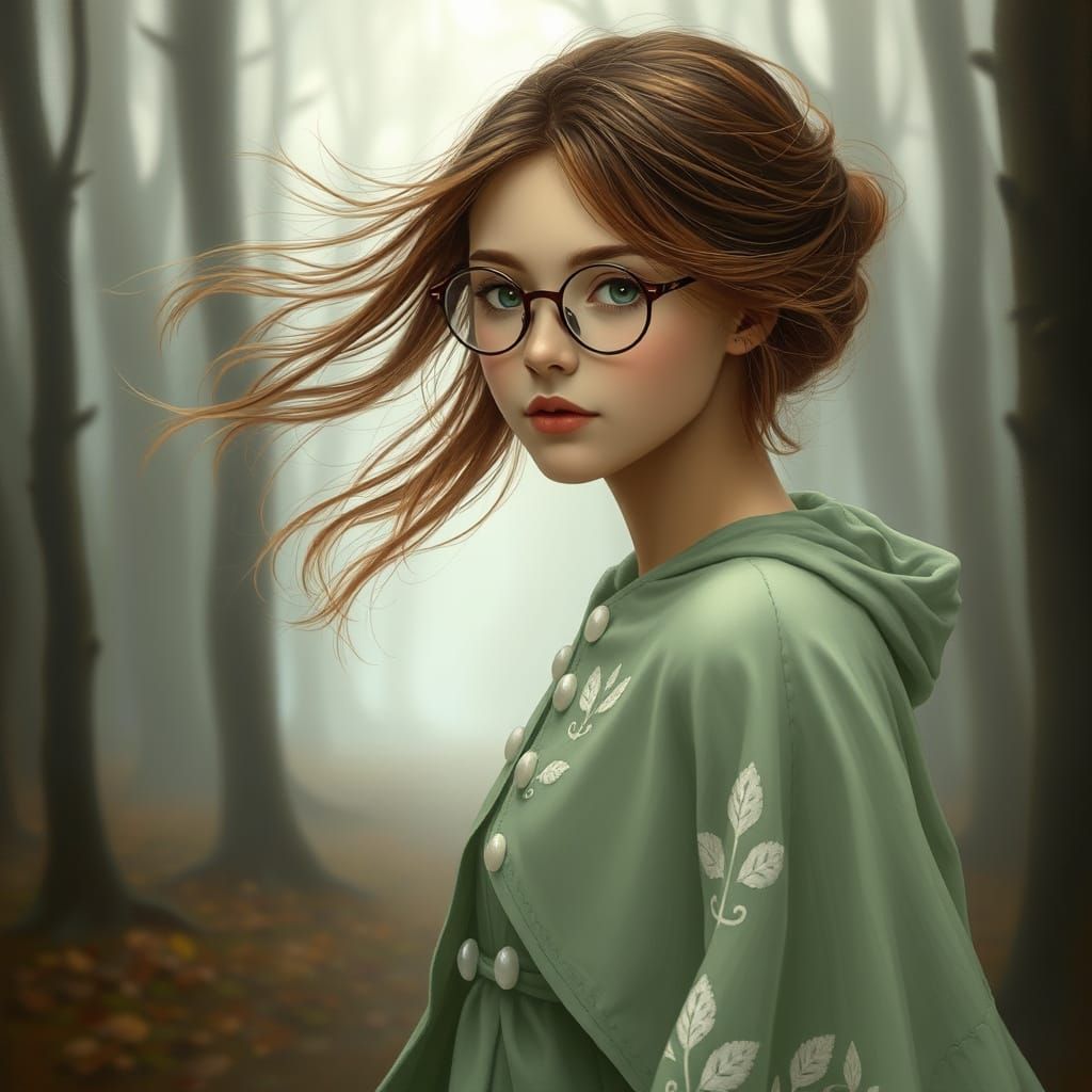 Mystical Oil Painting of Woman in Misty Woods