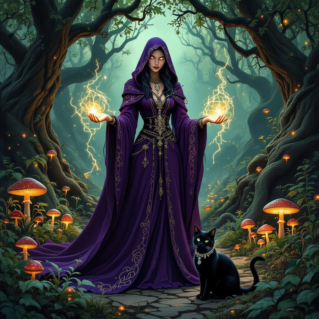 Mysterious Sorceress in a Hidden Grove, Dark Fantasy