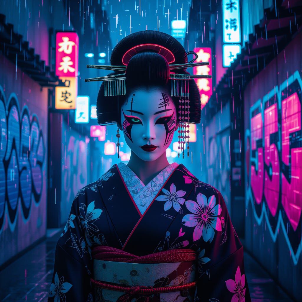 Cyberpunk Geisha in Digital Rain with Glitch Effects