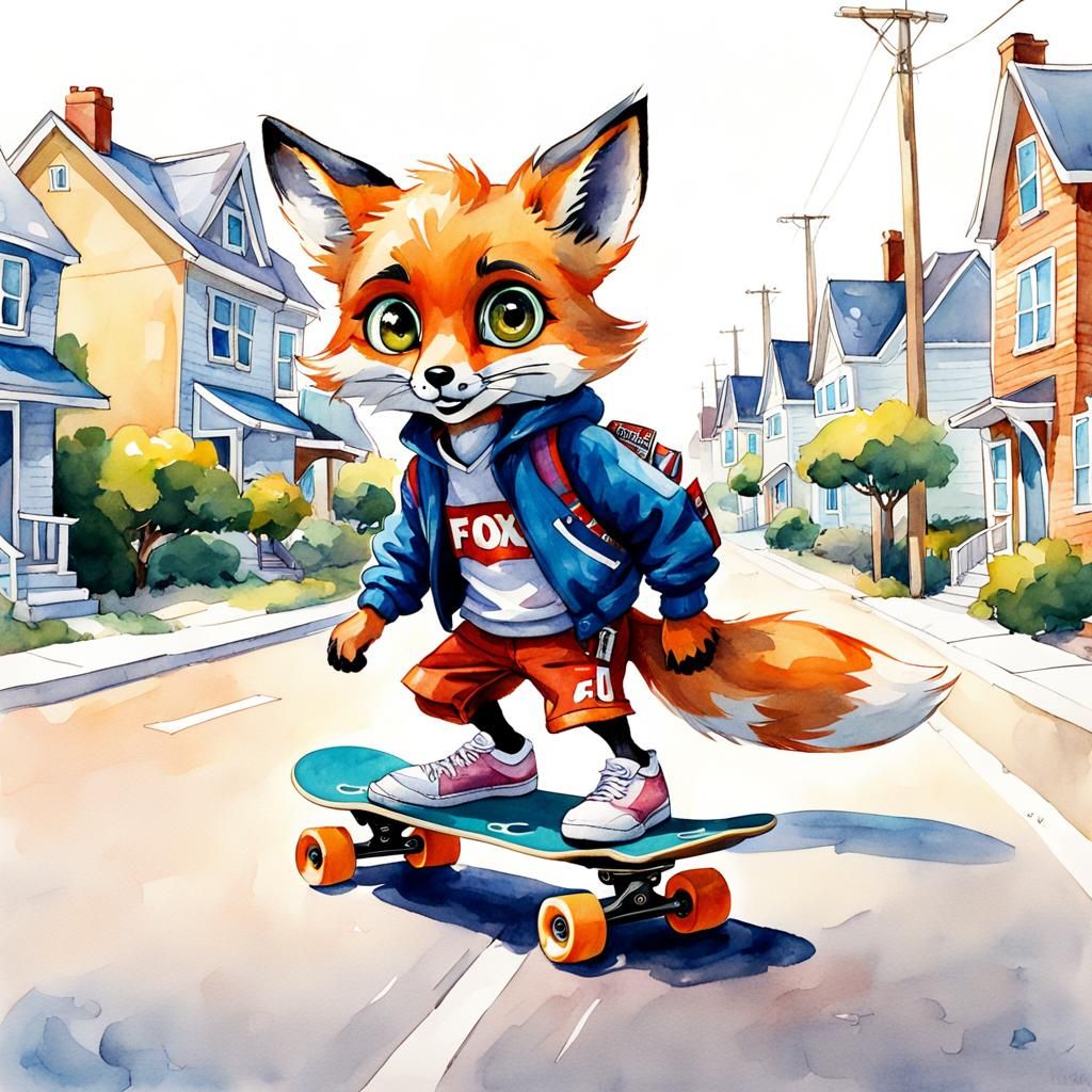 Fox on Skateboard Watercolor Cartoon