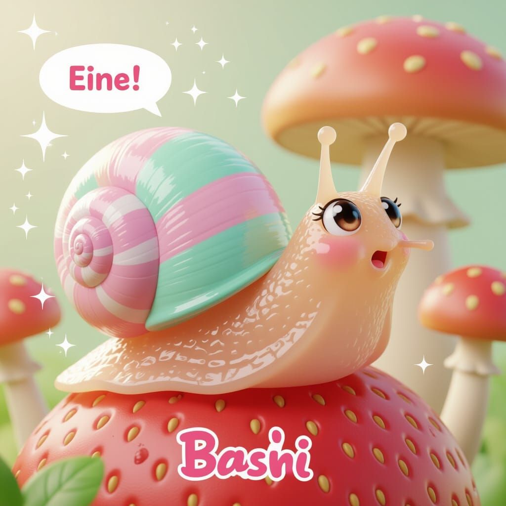 Cute Anime Snail on Strawberry in Kawaii Style