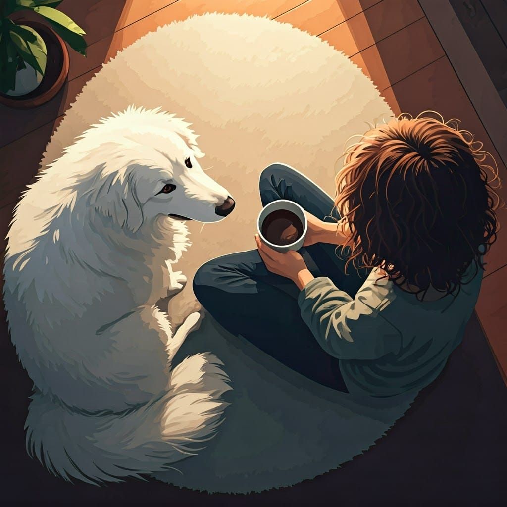 Woman and Dog in Cozy Living Room Illustration