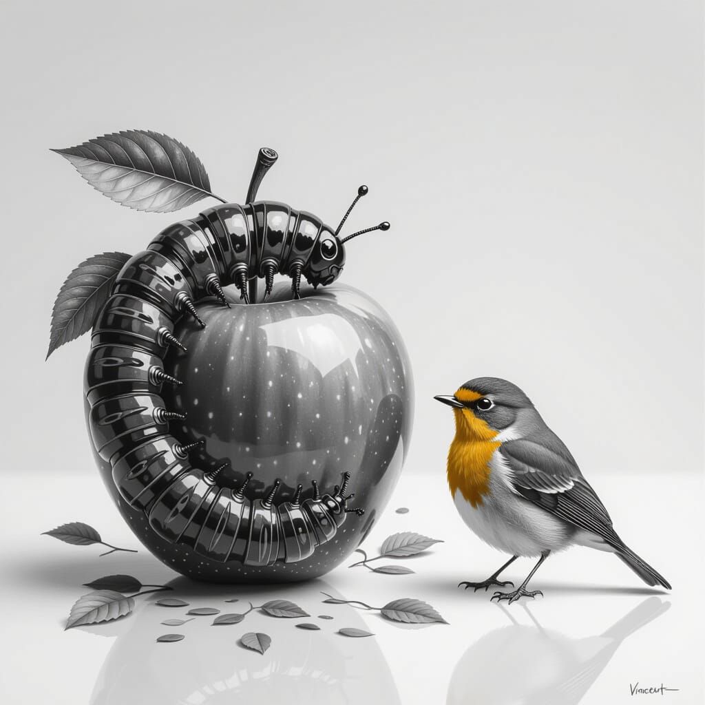 Caterpillar in Apple with Robin, Detailed Fantasy Matte Pain...