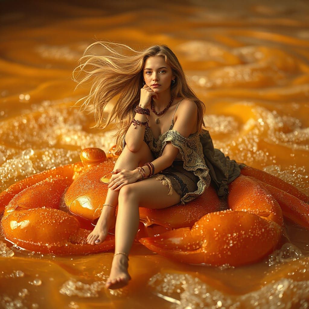 Woman on Gummy Crab in Effervescent Soda Sea