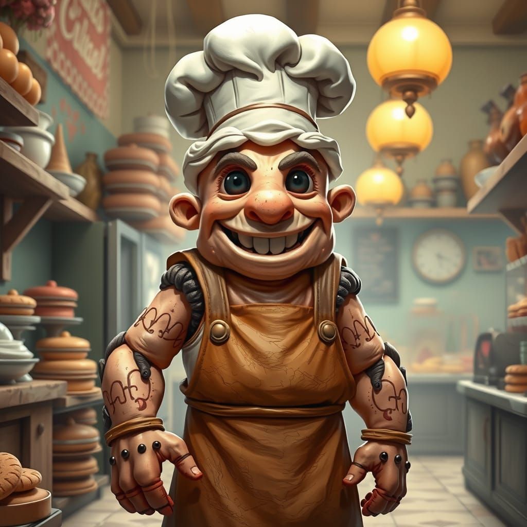 Vibrant Bakery Golem in Whimsical Style