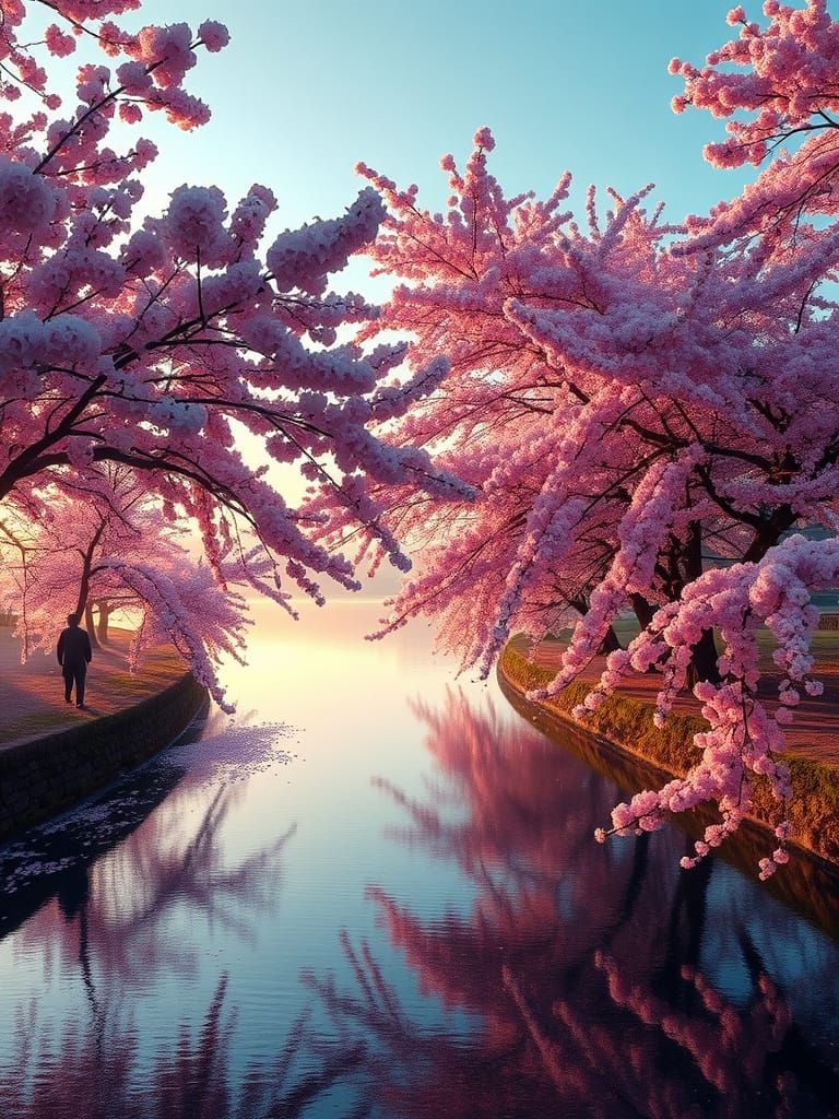 Cherry Blossoms in Soft Morning Light Along Tranquil Japanes...