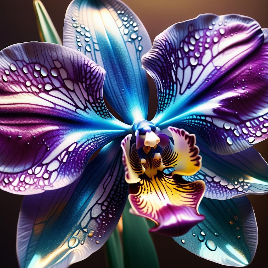 Iridescent Titanium Orchid Flower in Printmaking Style