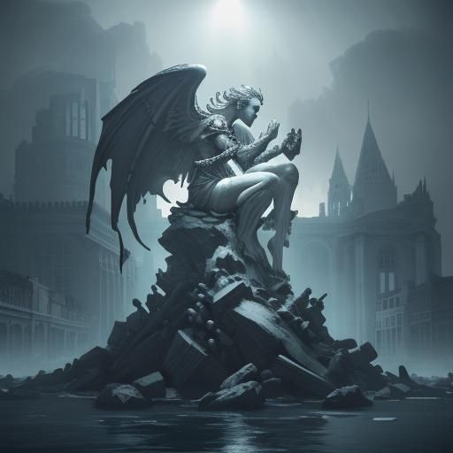 Gothic Model in Ruined Cafe with Gargoyles