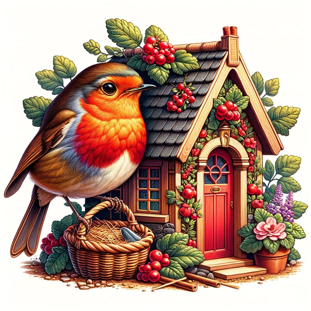 Proud Red Robin and Miniature House Illustration