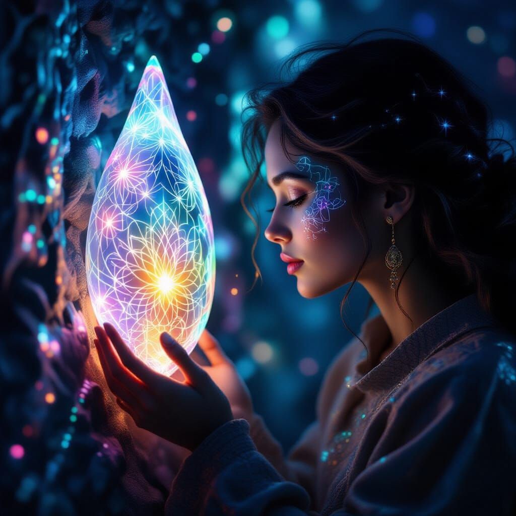 Person Gazing at Ethereal Glowing Artifact in Digital Painti...