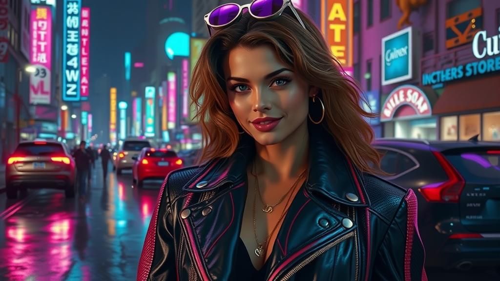 Cyberpunk Supermodel in Neon Cityscape, Digital Art