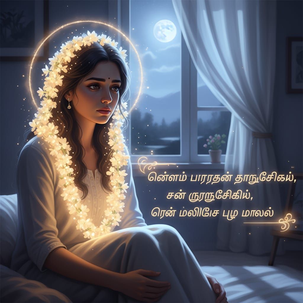 Woman's Sleepless Night with Glowing Jasmine Garland