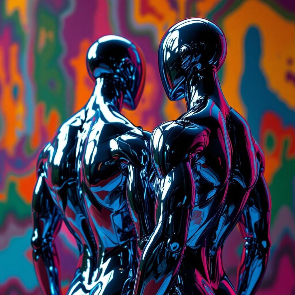 Chrome Bodybuilders in Heroic Back View, Photorealistic