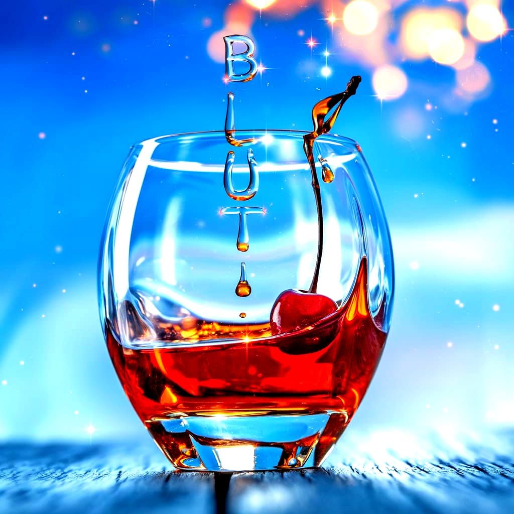 Beautiful glass of cognac in front of the blue sky. A cherry...