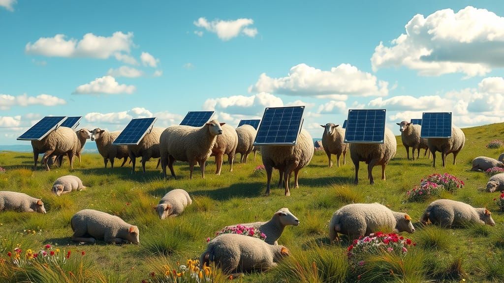 Sheep with Solar Panels Grazing on Hillside