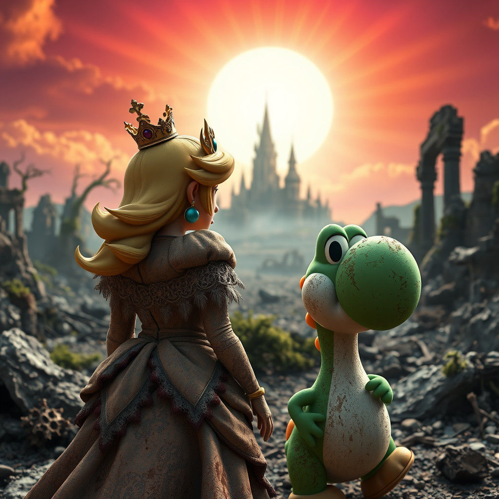 Princess Peach and Yoshi in Dark Fantasy World