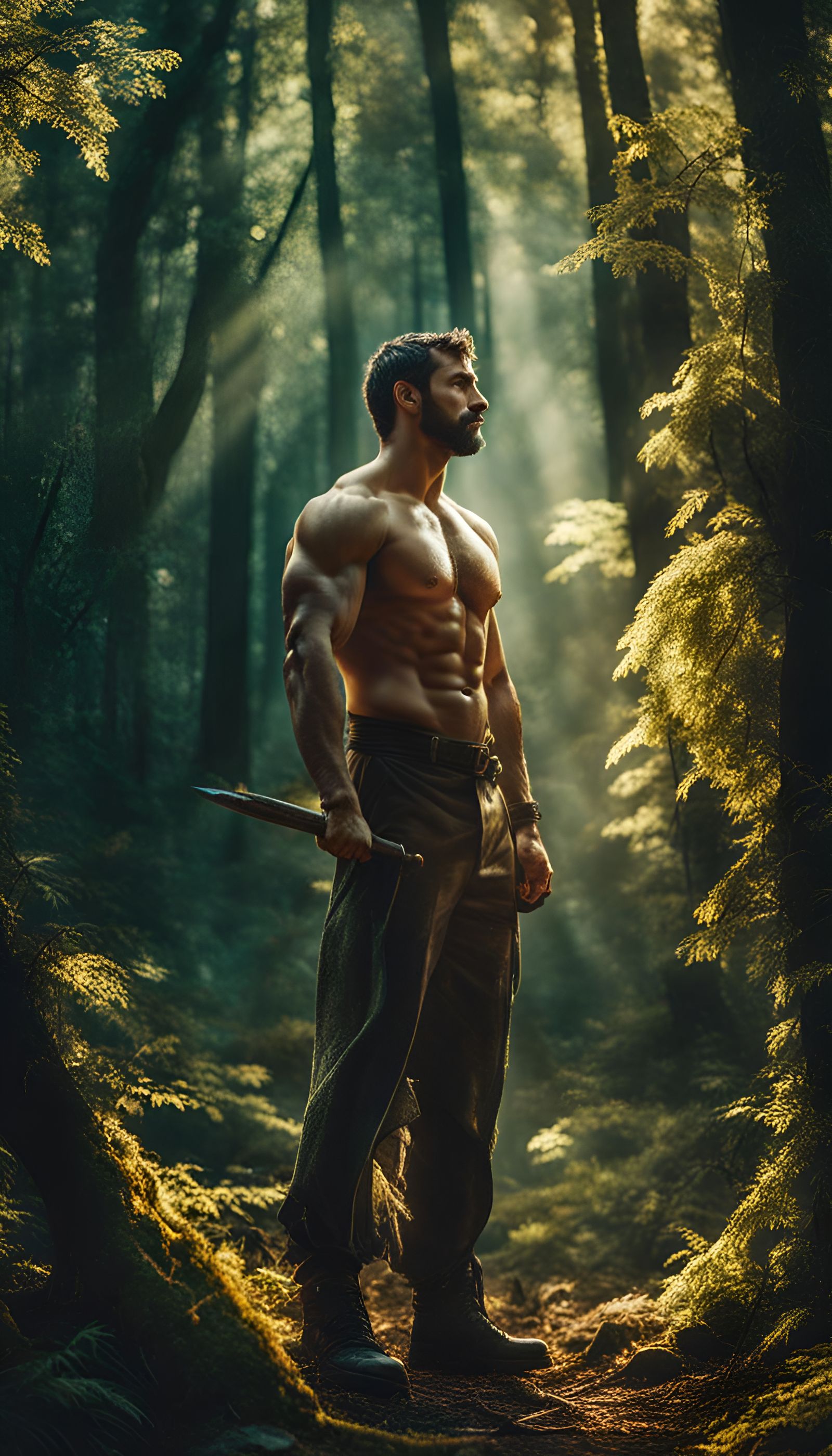 Cinematic Portrait of a Strong Man in Forest