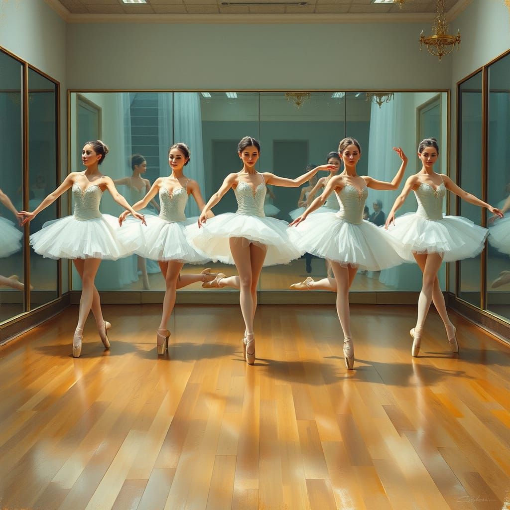 Elegant Ballerinas Dancing in a Serene Studio