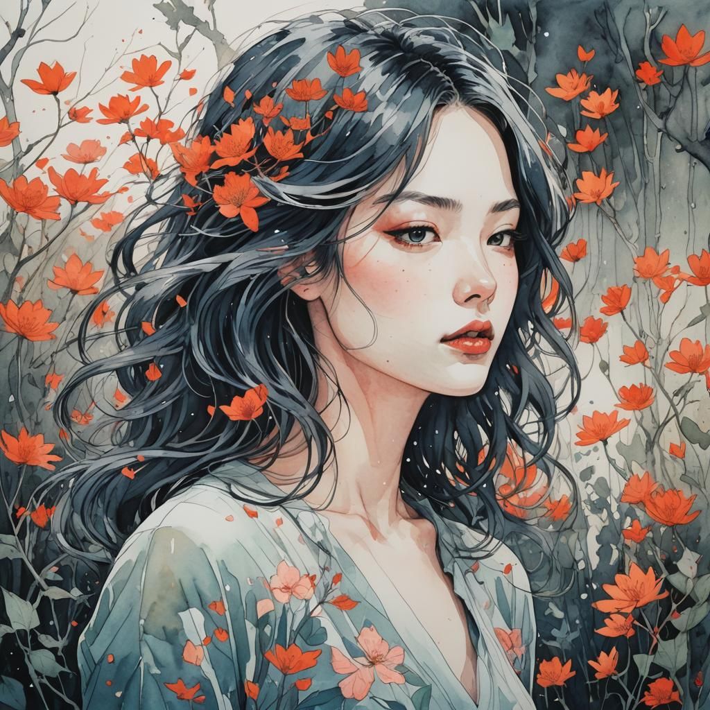 Beautiful Auburn-Haired Woman in Expressionist Landscape