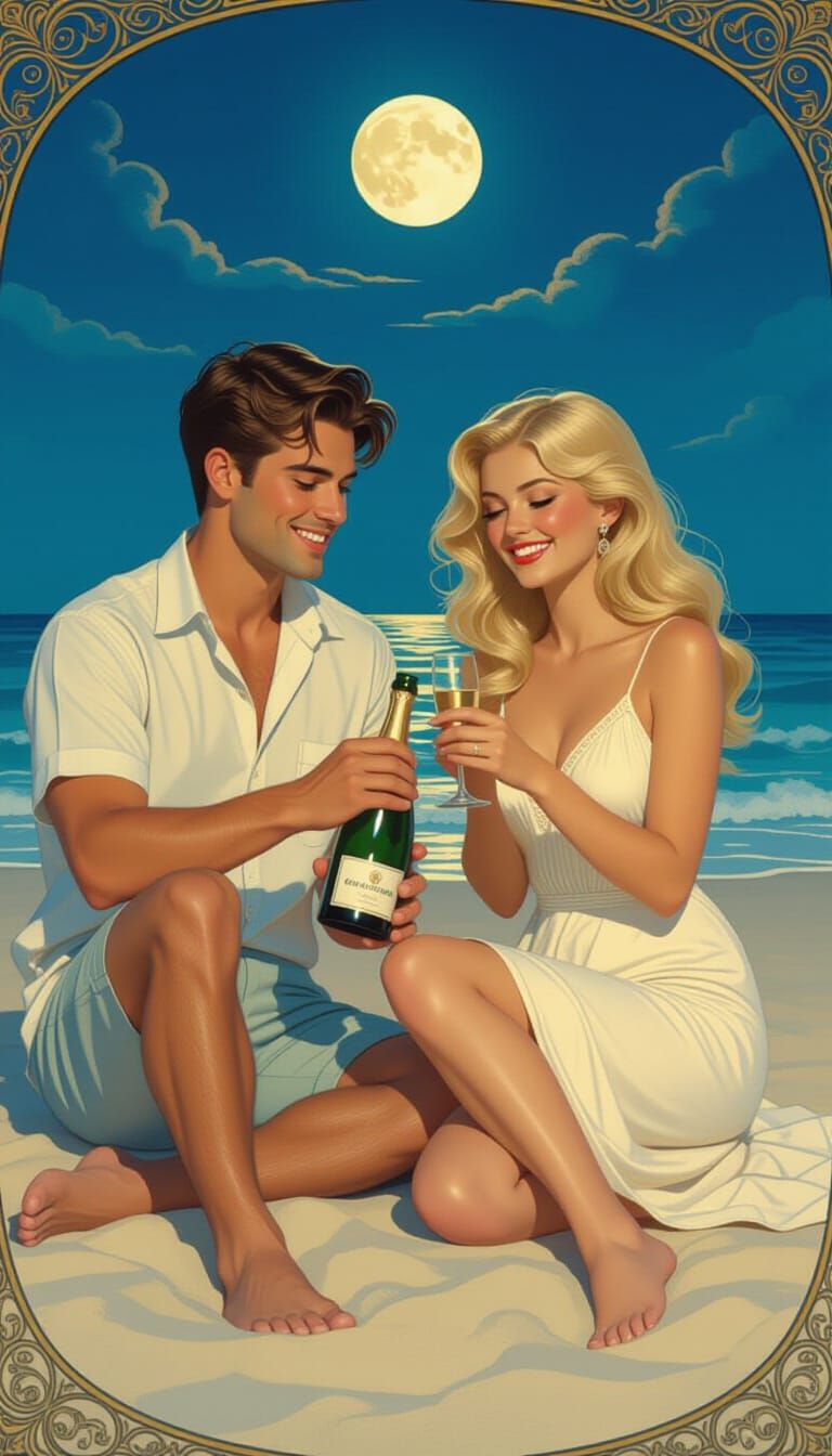 Romantic Beach Celebration in Art Nouveau Style