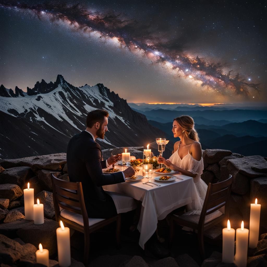 Romantic Mountain Peak Dinner Under Milky Way