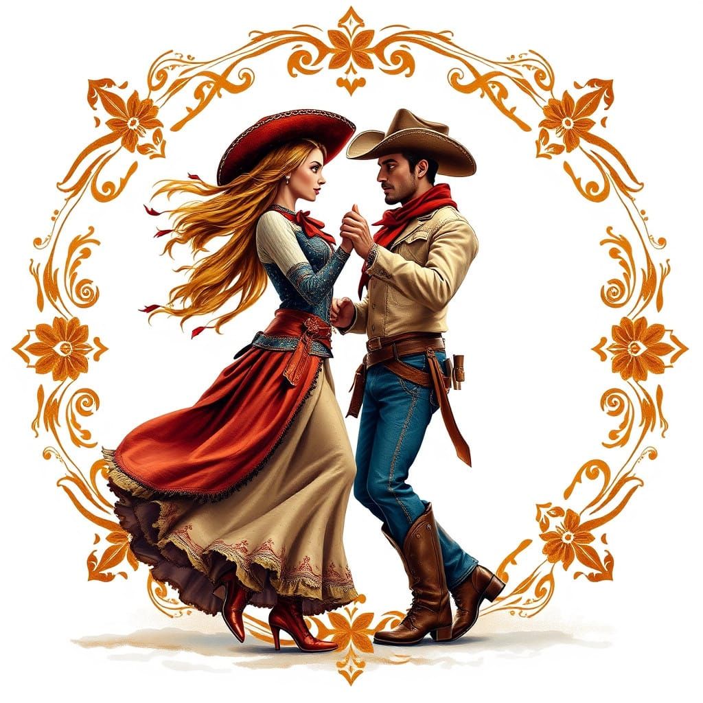 Western Duo Dancing in Ornate Border