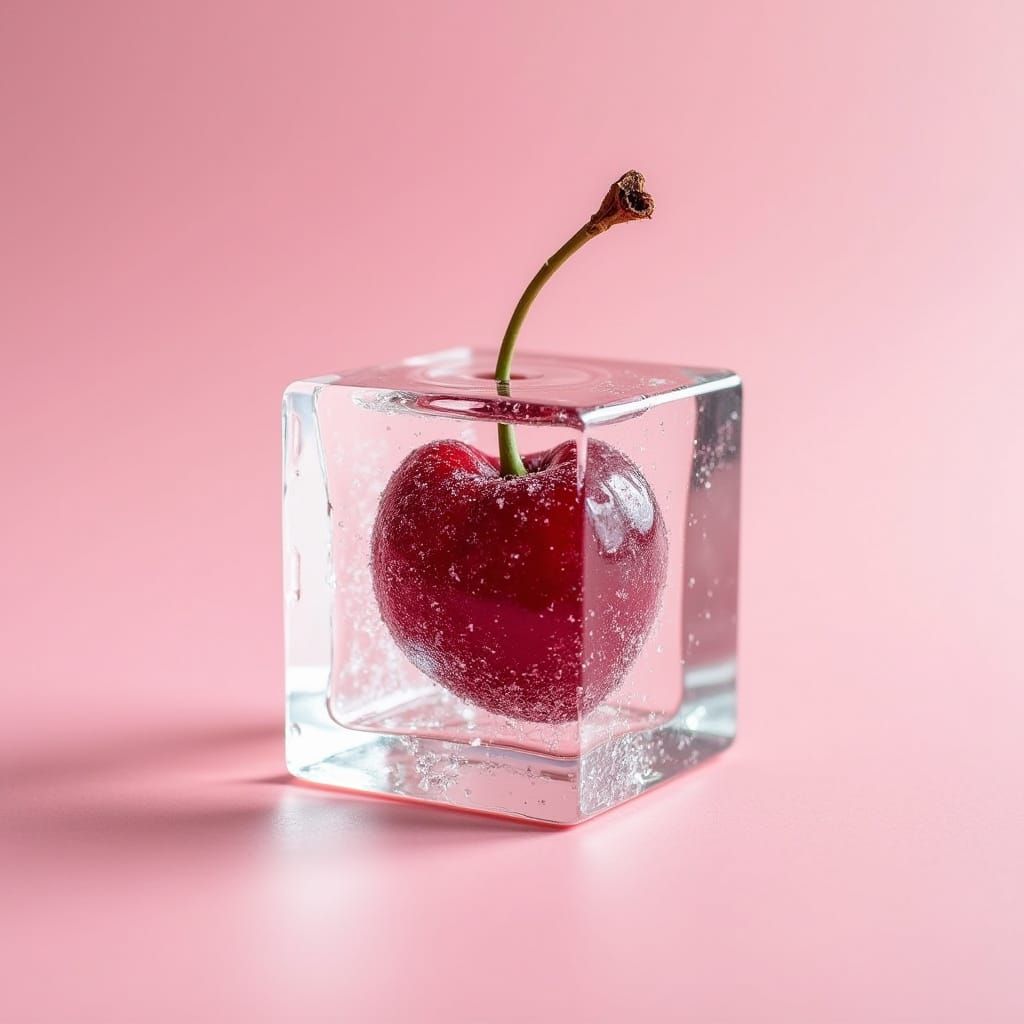 Frozen Cherry in Ice Cube: Hyperrealistic Macro Photo