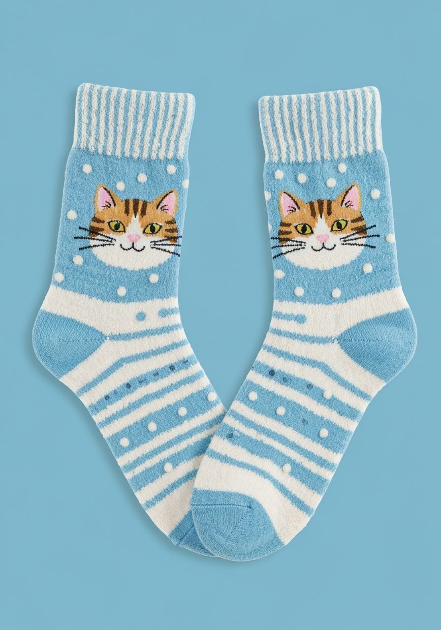 Cat Socks with Embroidered Details in Watercolor Style