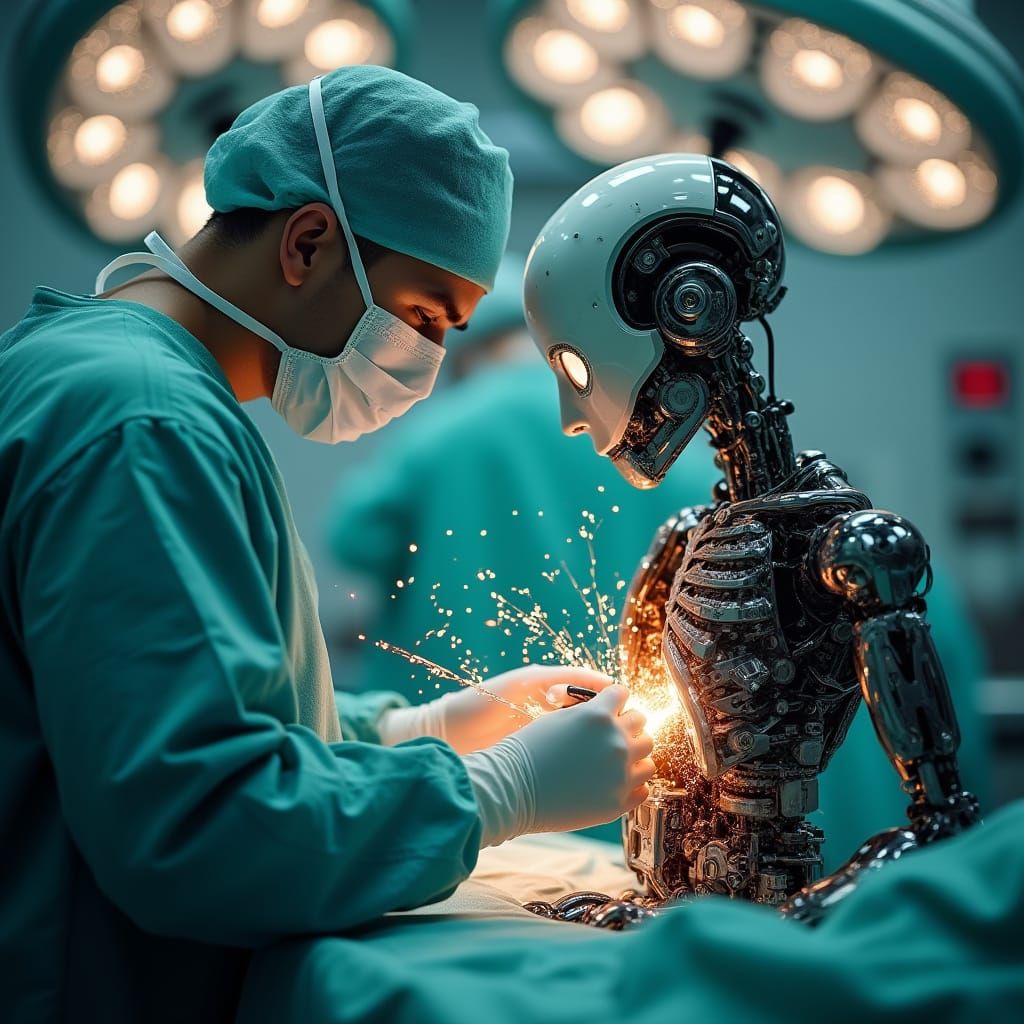 Surgeon Operates on Robot with Exposed Mechanisms