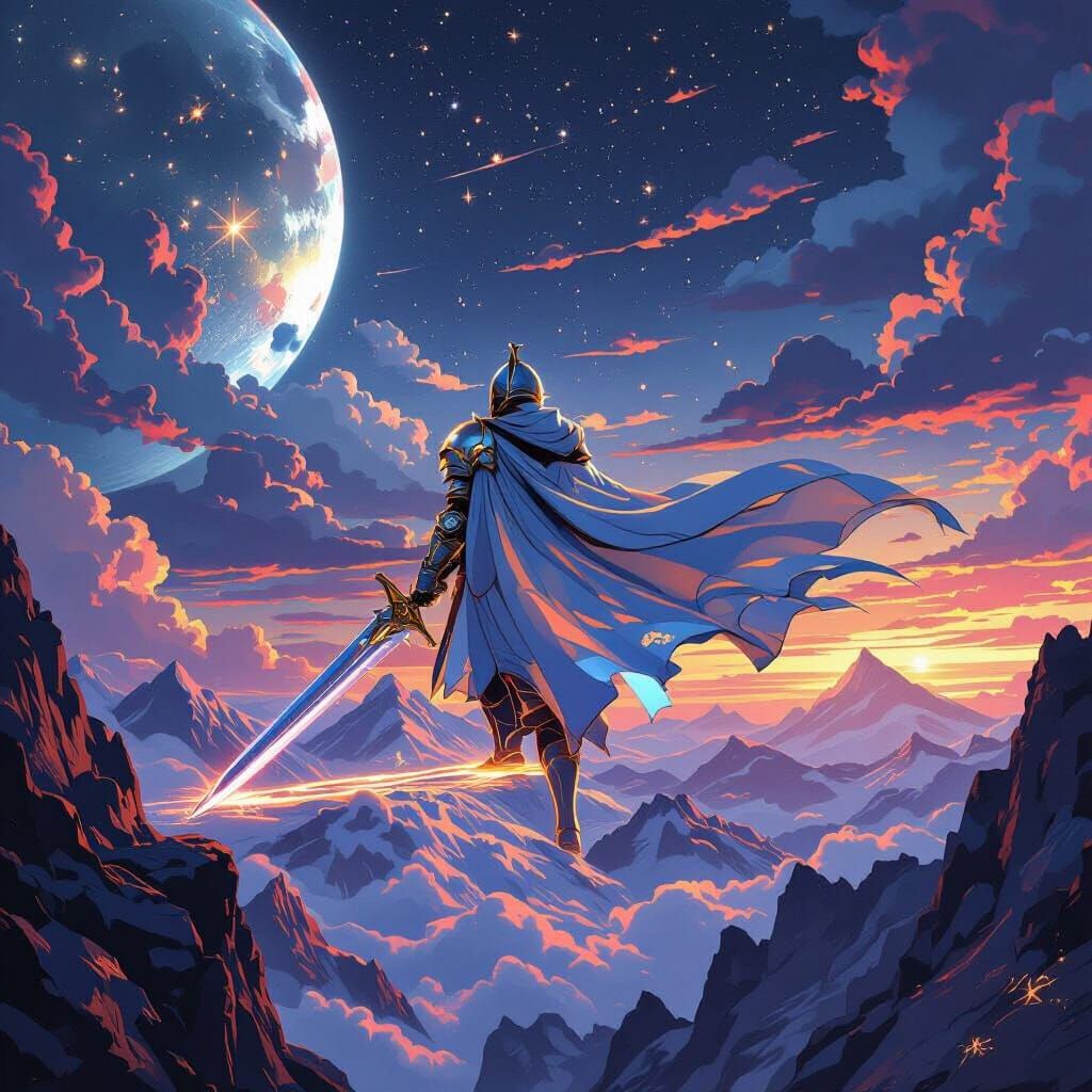 Warrior on Cliff at Sunset: Digital Painting