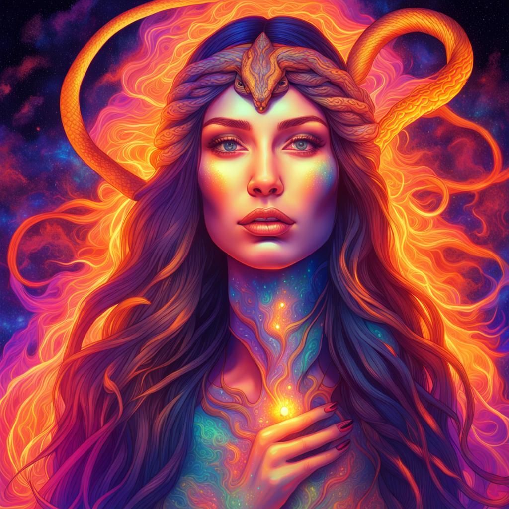 UV Woman with Snakes in Cosmic Illustration Style
