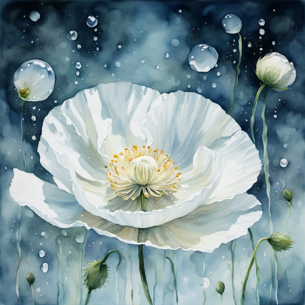 Ethereal Watercolor White Poppy Floating in Moonlight