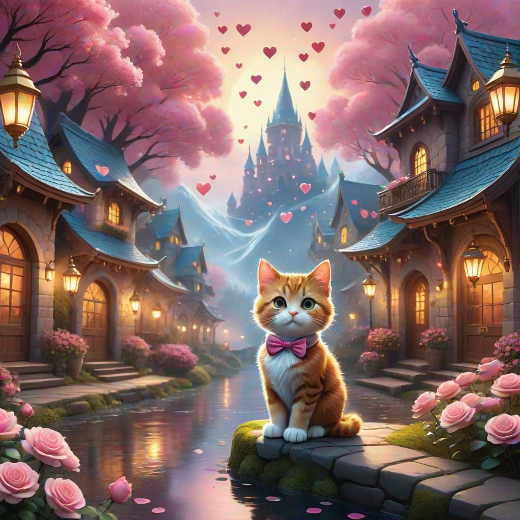 Charming Chibi Kitten in Whimsical Valentine's Day Scene, 3D...
