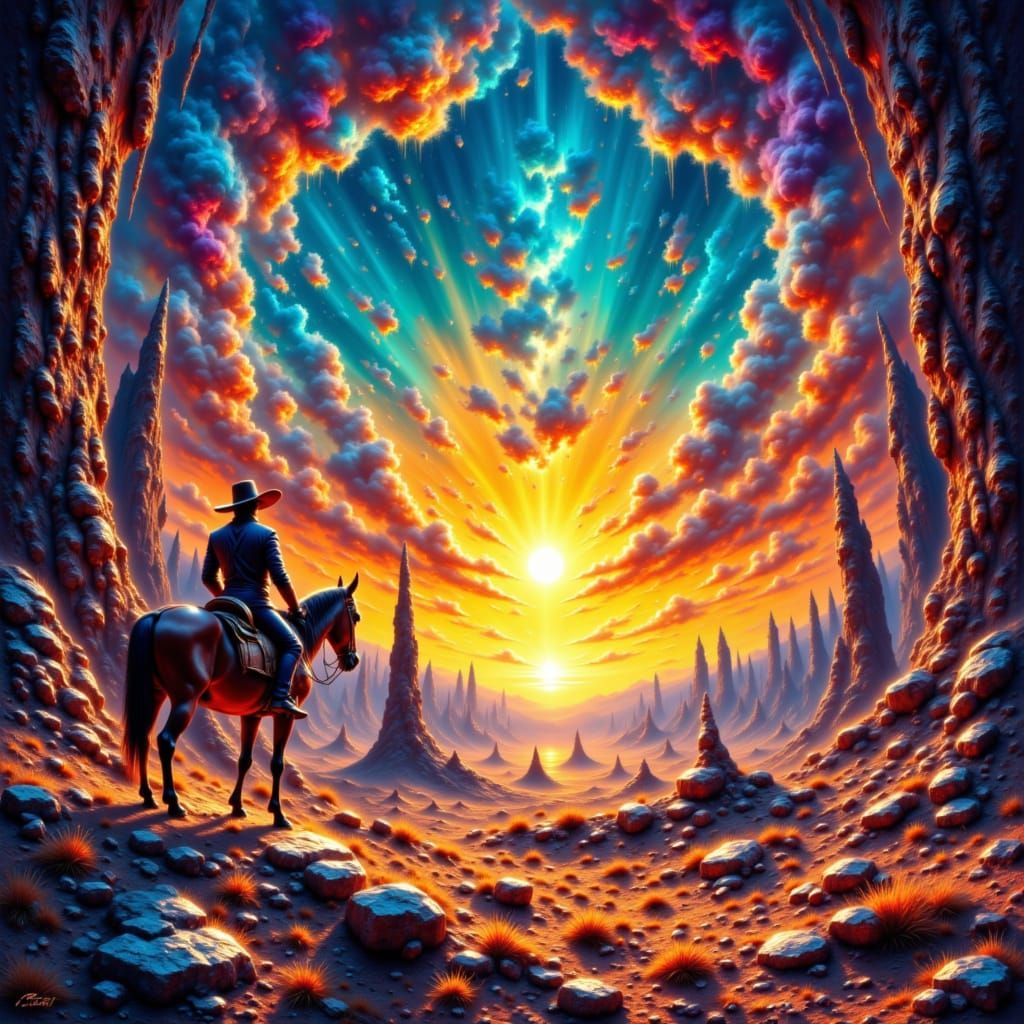 Cowboy at Psychedelic Sunset Over Alien Desert