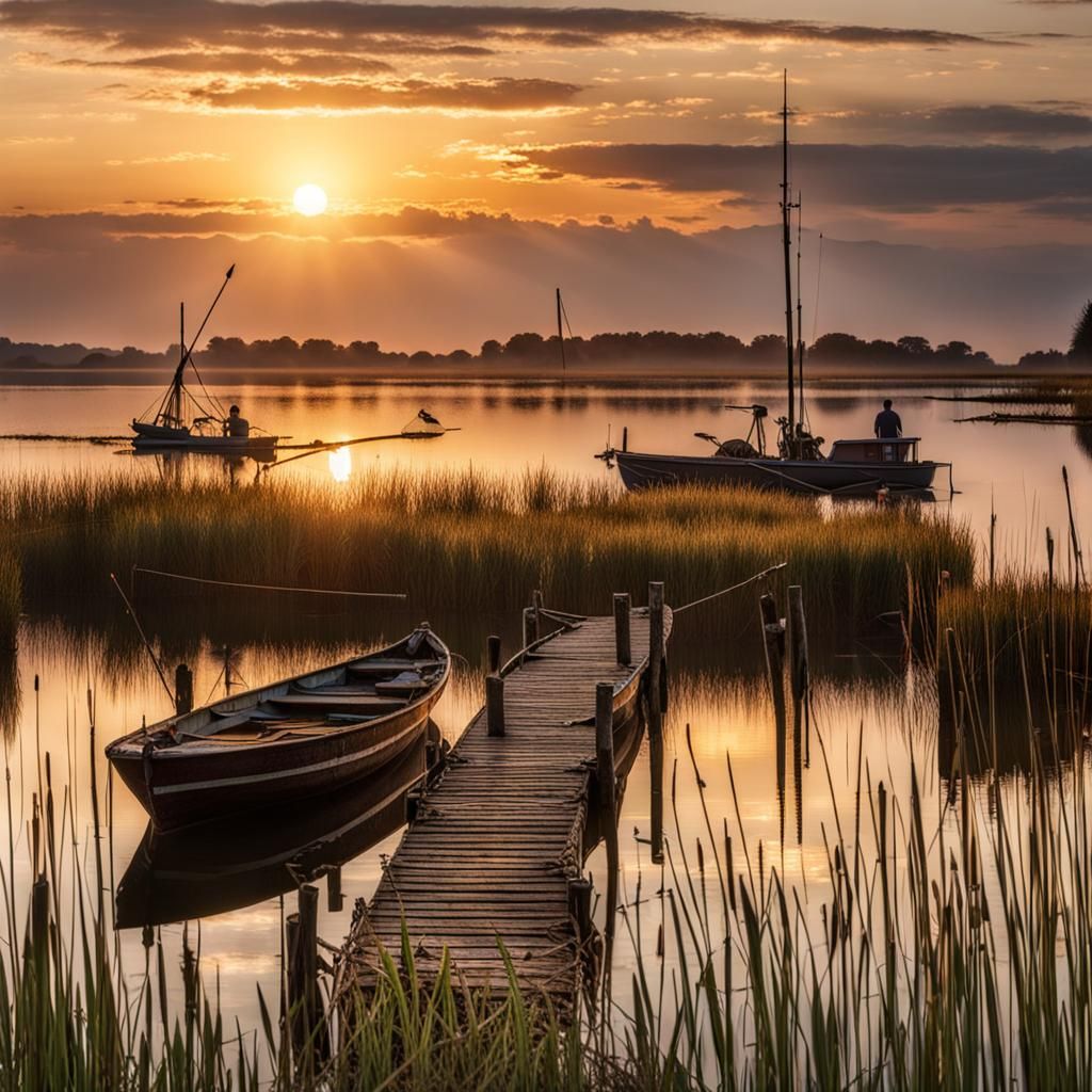 Sunset Scene: Fishing Boat on Wooden Jetty