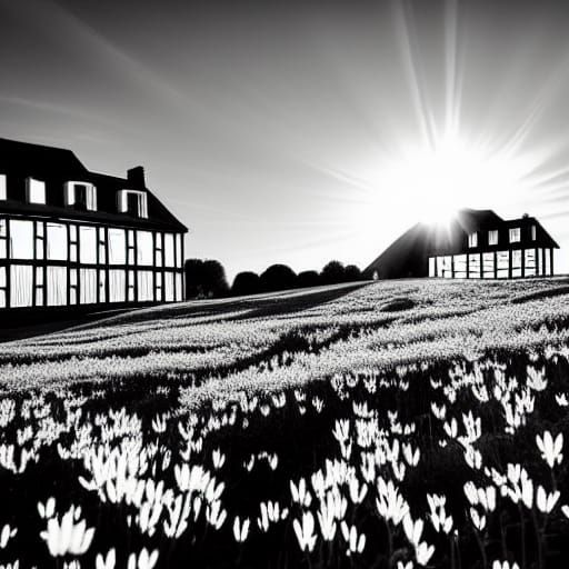 Glowing Windows in Monochrome Town with Pink Flowers