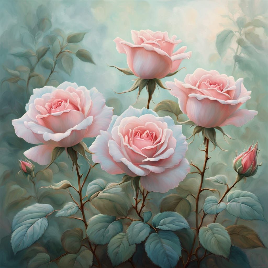 Enchanting Oil Painting of Red Roses in Pastel Hues
