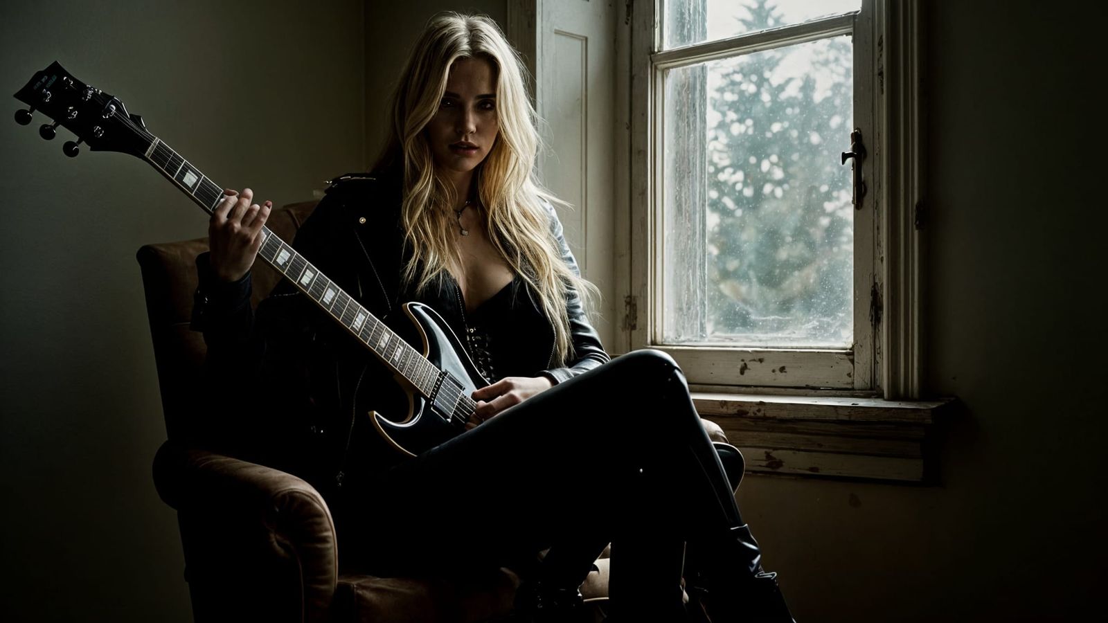 Goth Woman Plays Electric Guitar by Moonlight