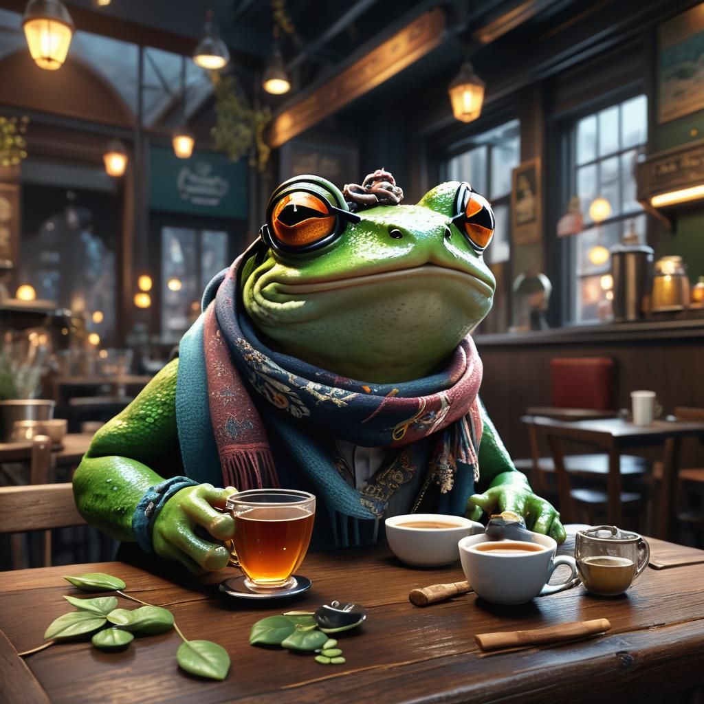 Frog Sipping Tea in Coffee Shop: Detailed Digital Painting