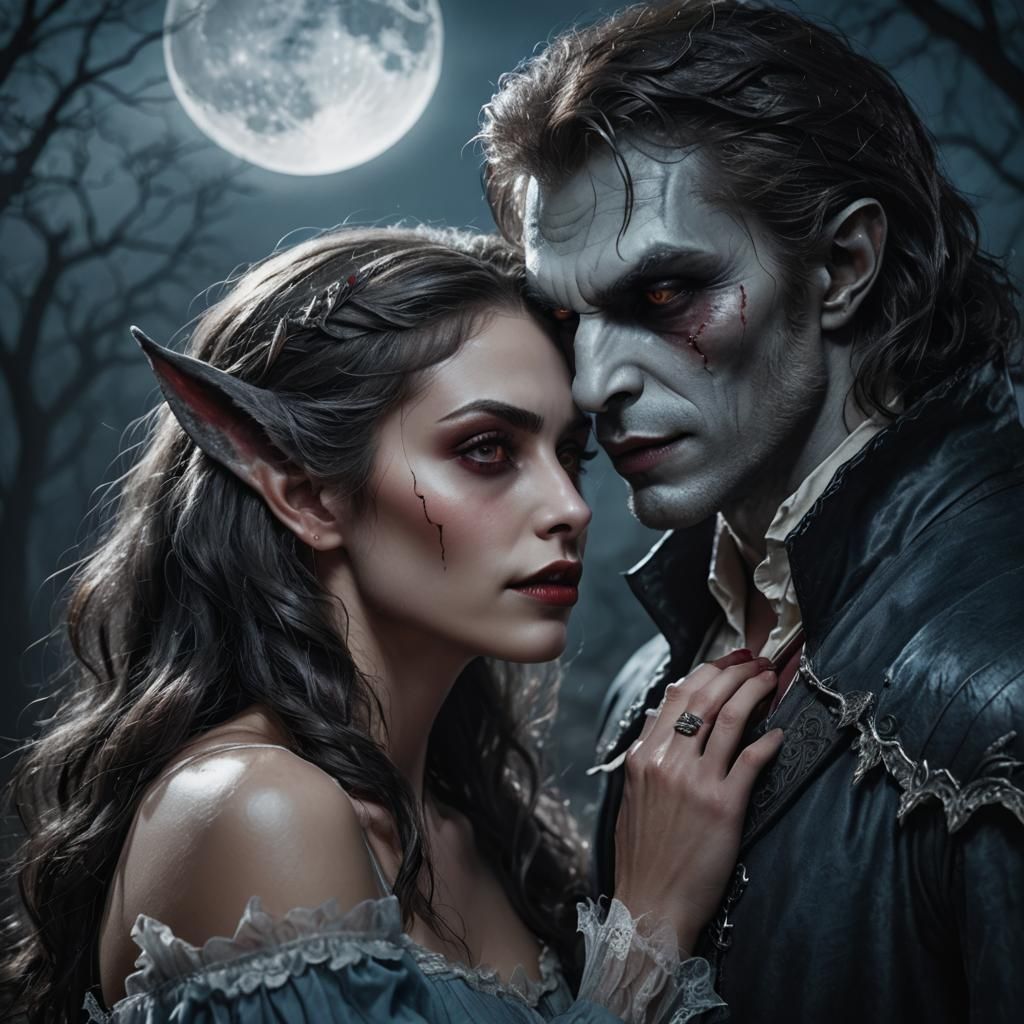Vampire and Werewolf Embrace in Moonlight