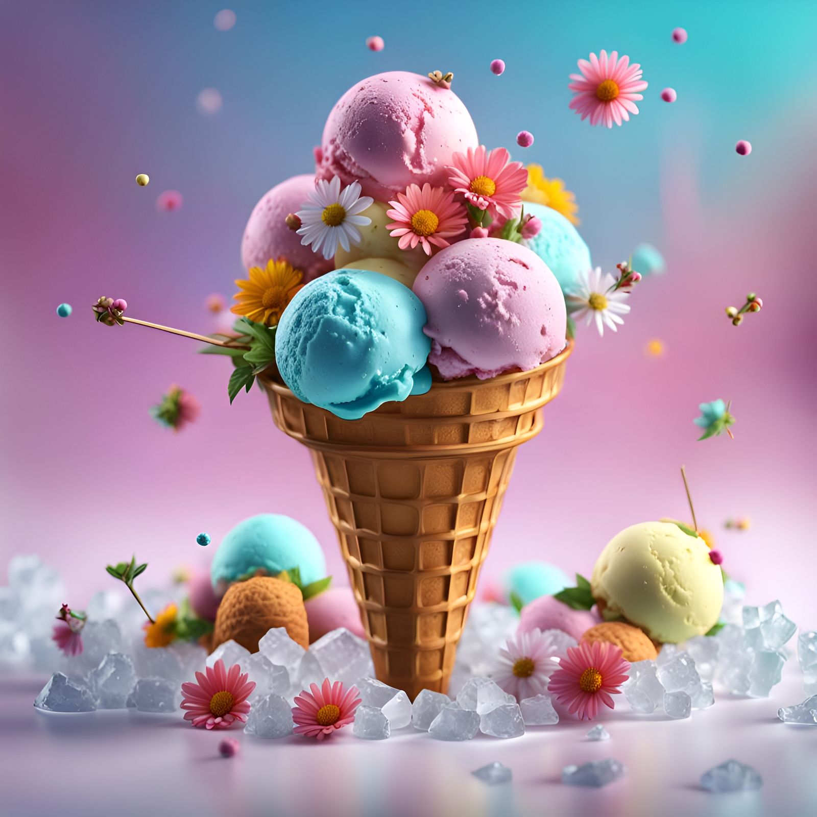 Colorful Ice Cream Cornet with Flowers, Digital Art