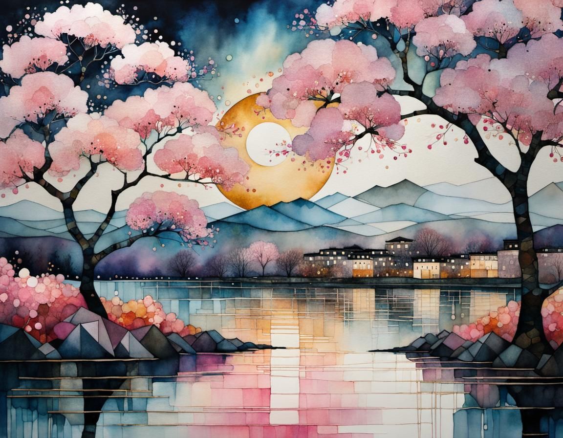 Cherry Blossoms at Twilight: Klimt-Inspired Abstract Art