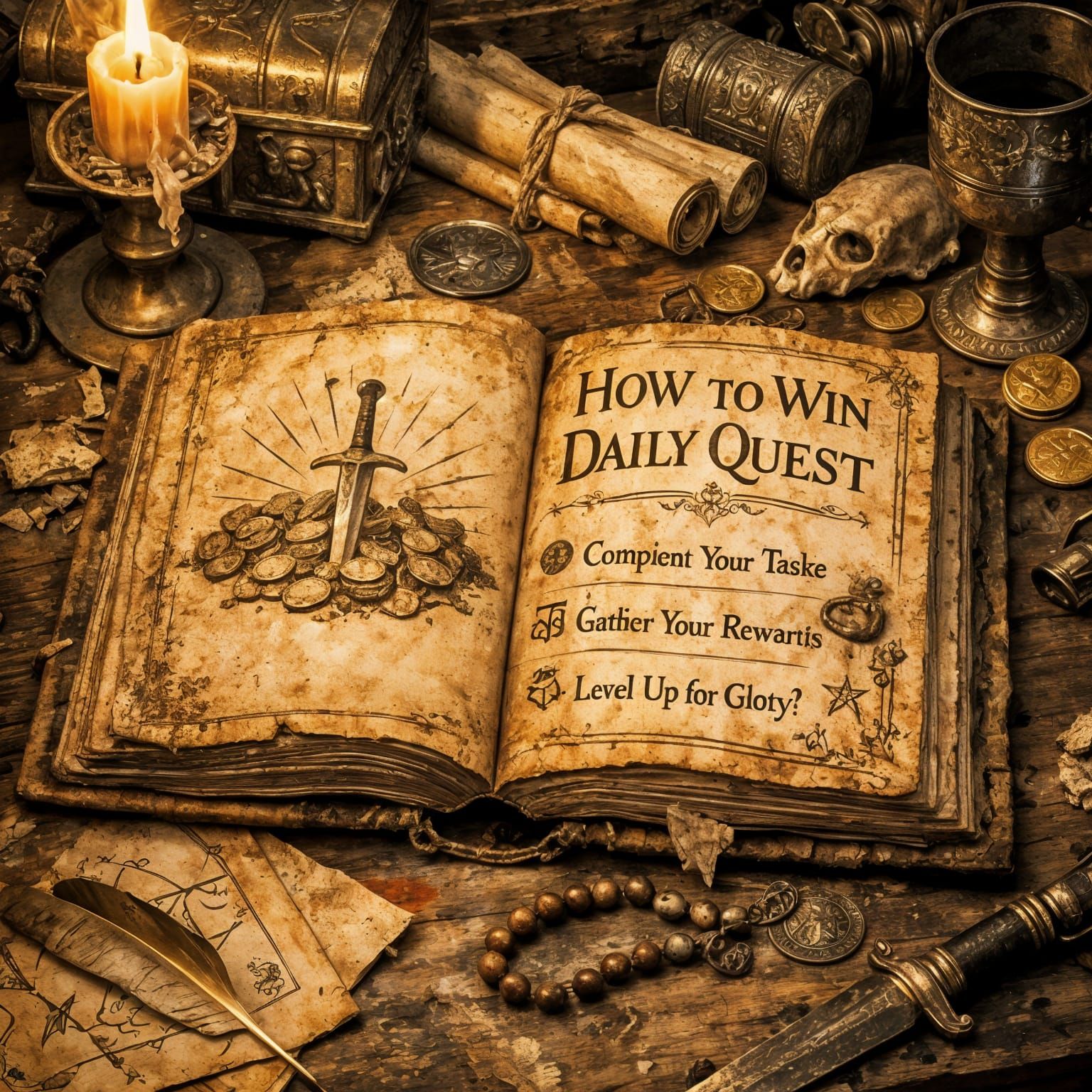 Ancient Book on Table: How to Win Daily Quest