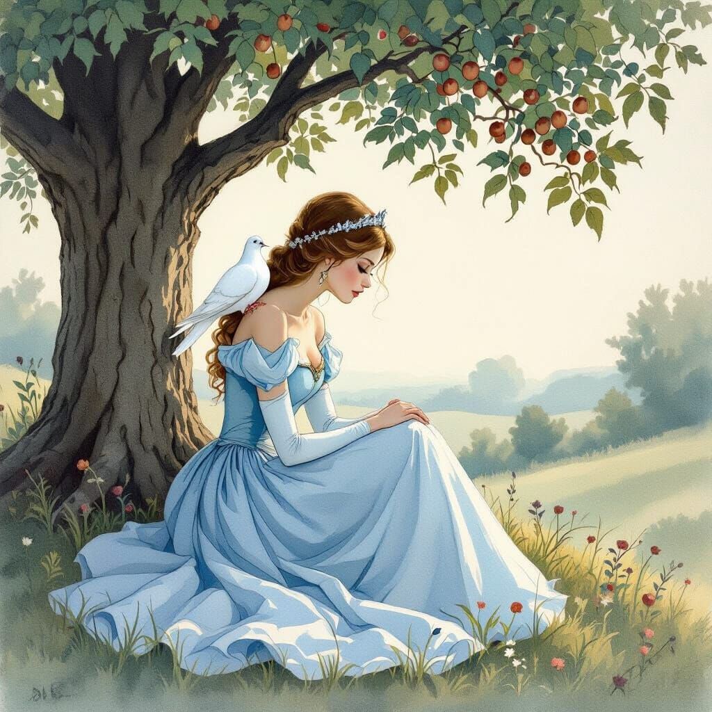 Princess Mourns at Mother's Grave with White Dove