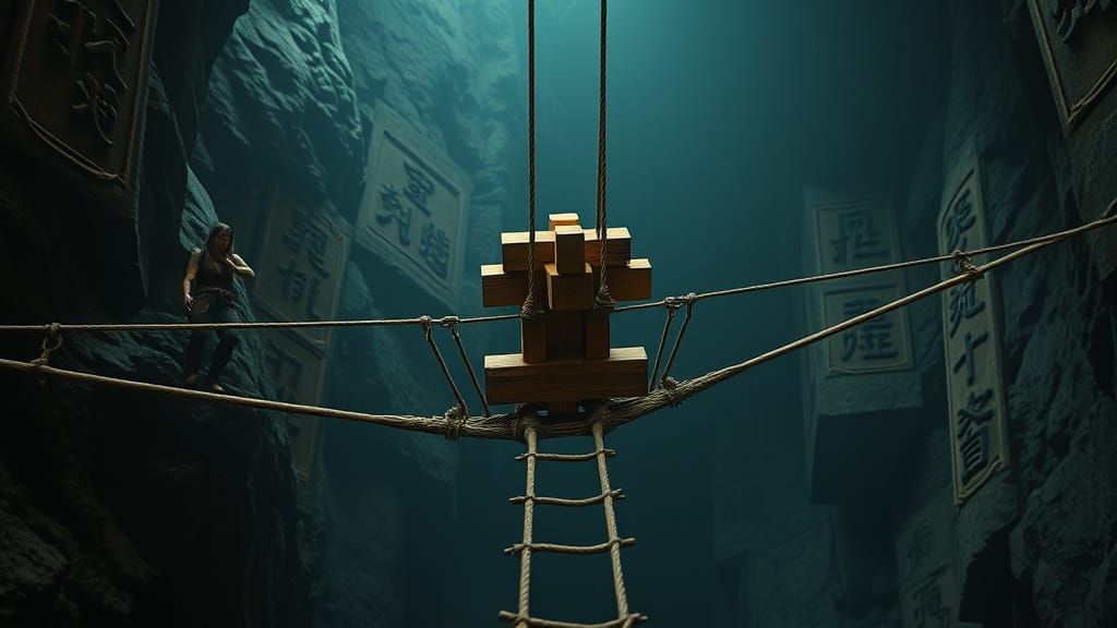 Lara Croft Navigates Cavern with Floating Xiangqi Piece