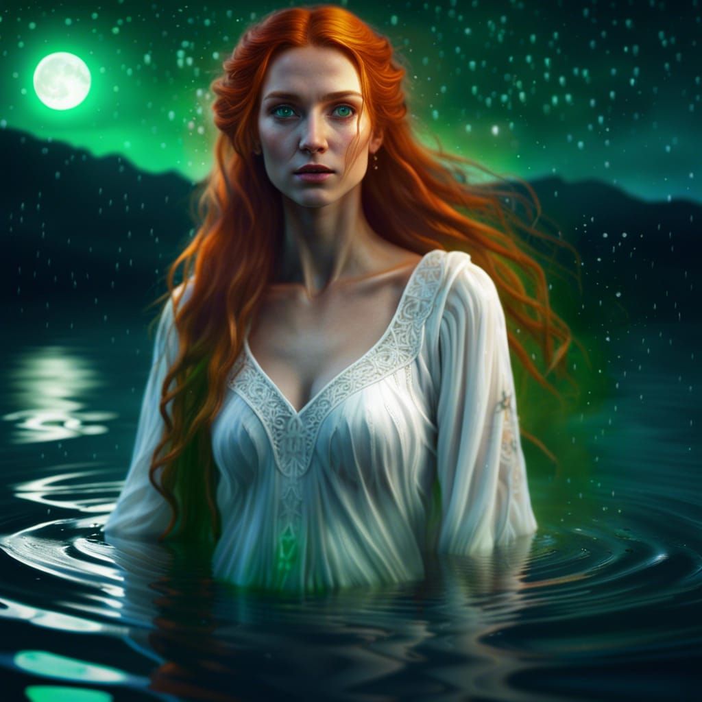 Ethereal Ginger Woman in Moonlit Lake Portrait