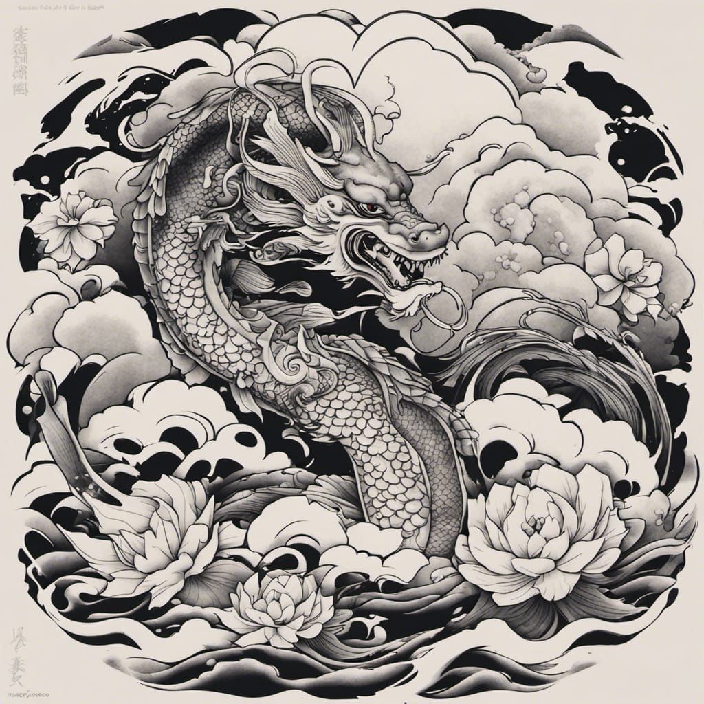 Dragon Koi Tattoo in Ukiyo-e Style