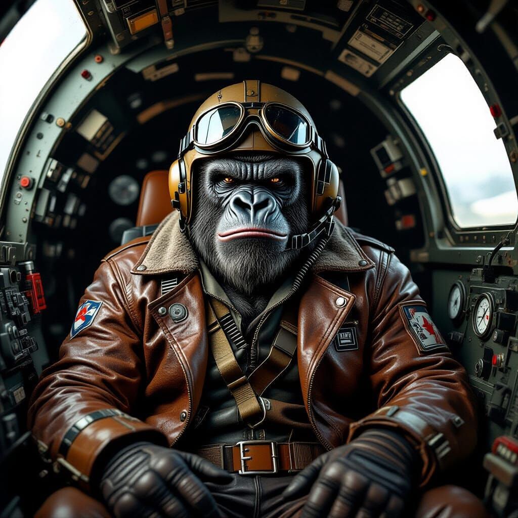 Gorilla Pilot in Messerschmitt Cockpit, Gritty Digital Art
