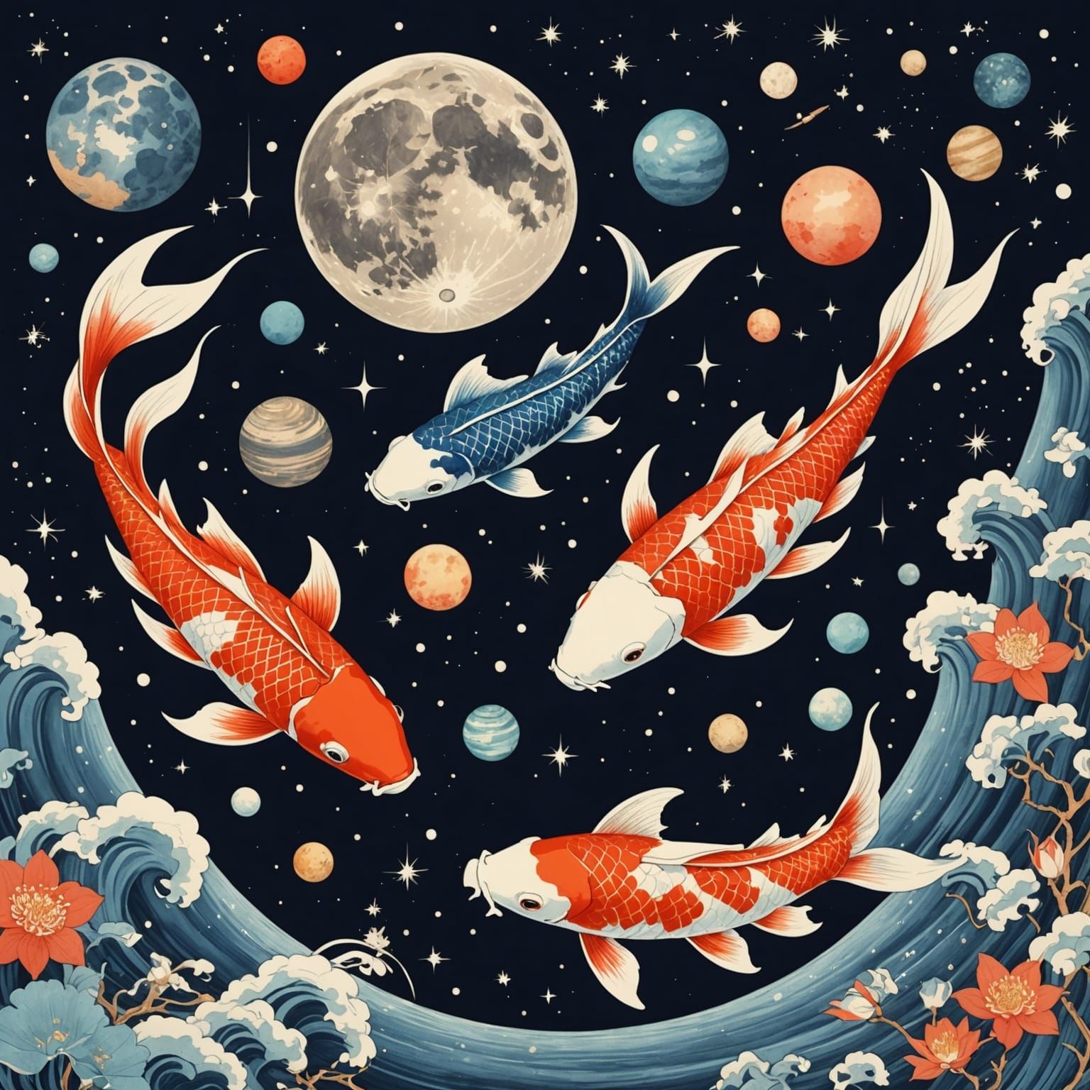 Koi Fish in Starfield: Ukiyo-e Style Celestial Scene