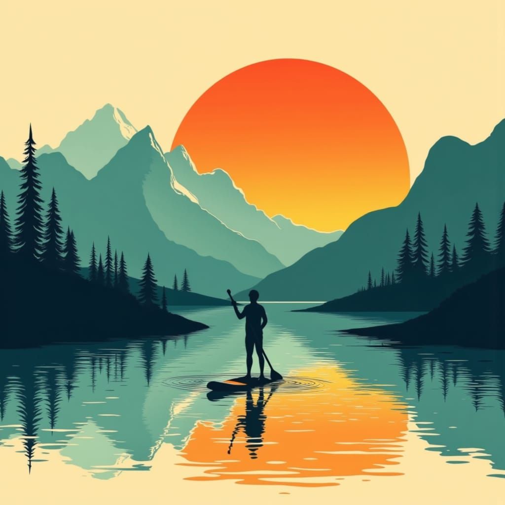 Retro Paddleboarder Sunset Over Mountains